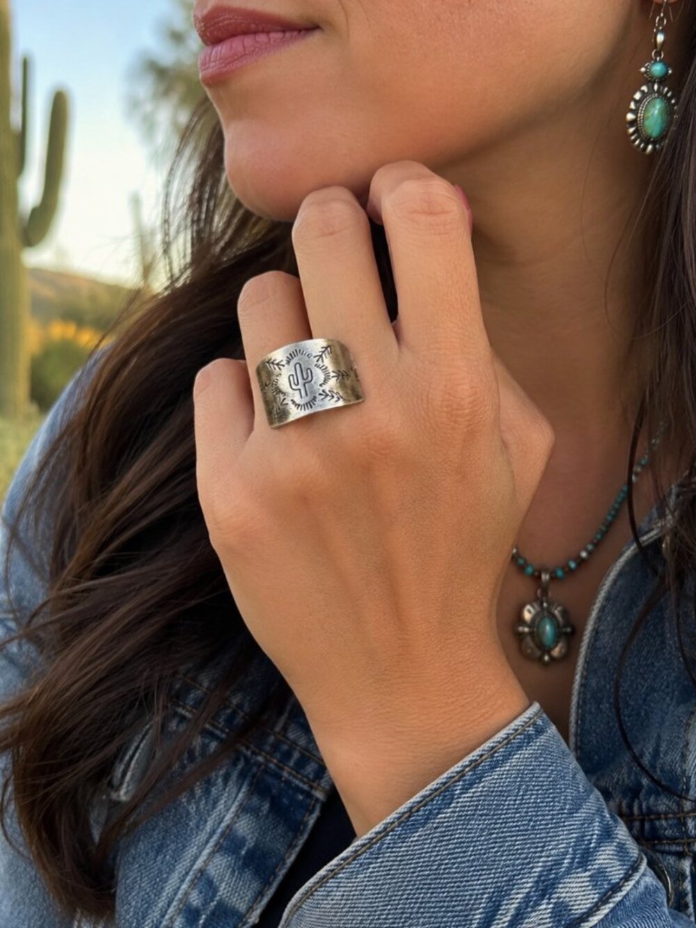 Sterling Silver Southwestern Style Wide Band Cactus Ring